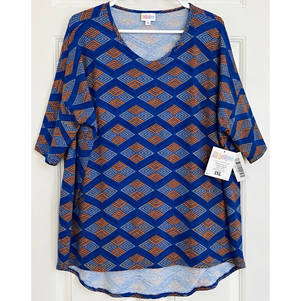 LuLaRoe Women's Plus 2XL Blue Orange White Geometric V-Neck Dolman T-Shirt